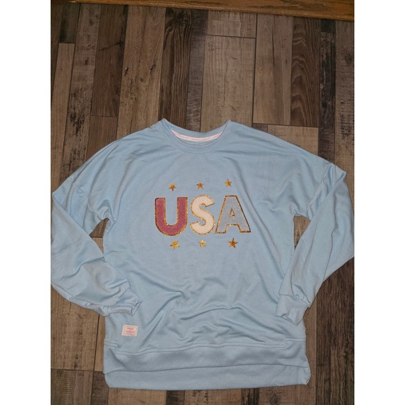 Simply Southern Tops - Simply Southern USA Chenille Patch Sweatshirt Light Blue Gold Glitter Stars S